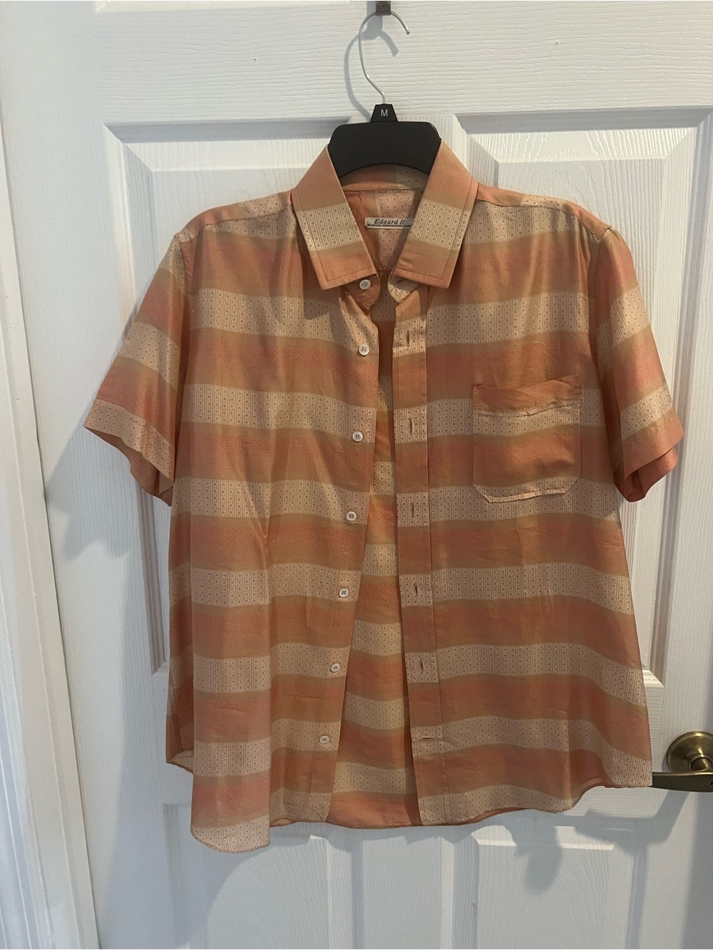 Eddy Monetti Men’s 100% Silk Button- Front Shirt .Peach & Beige Stripe.